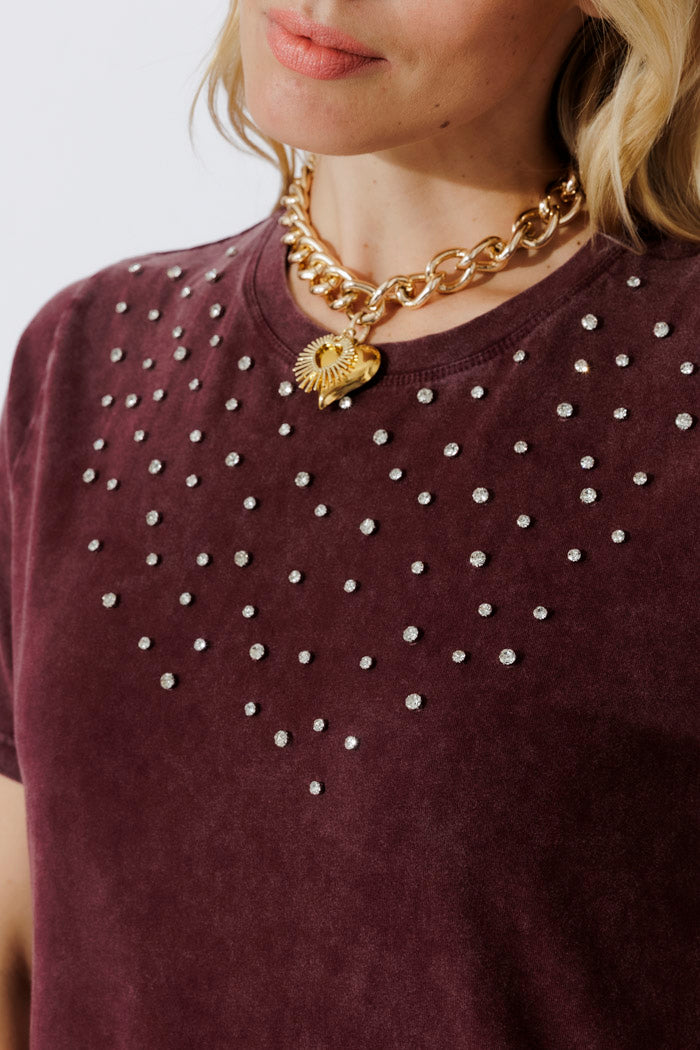 Burgundy Washed Cotton Embellished T-shirt