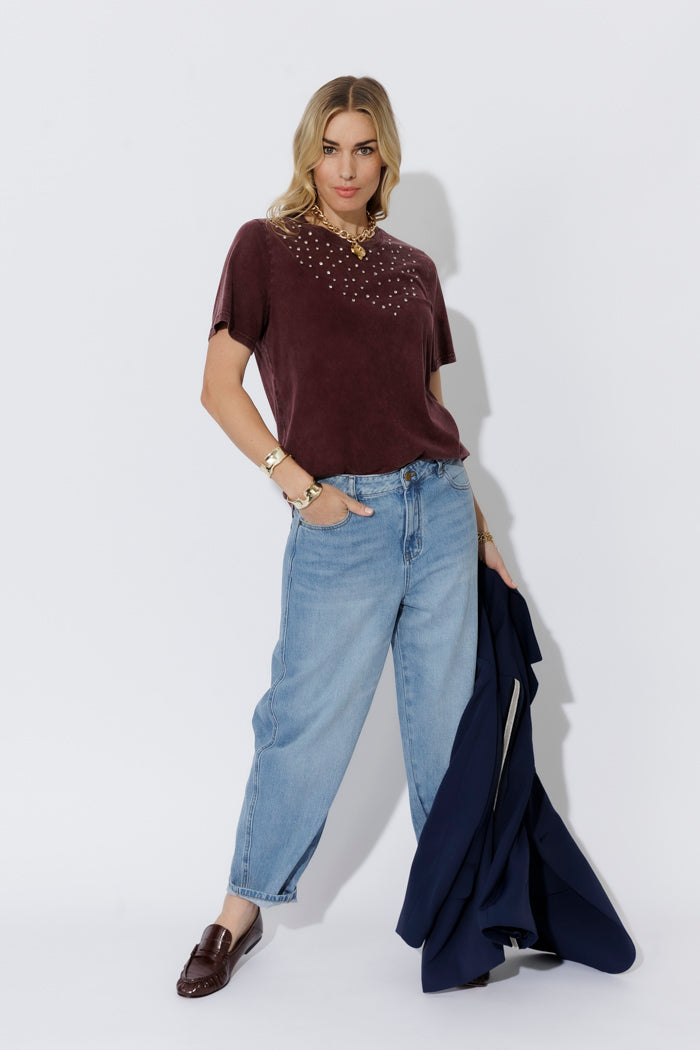 Burgundy Washed Cotton Embellished T-shirt