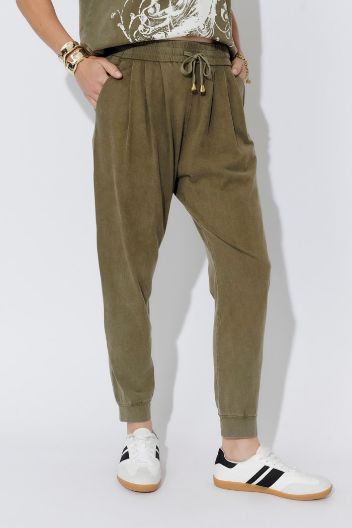 Khaki Washed Cotton Slouch Pant