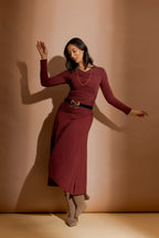 Burgundy Tencel Roll Top Skirt