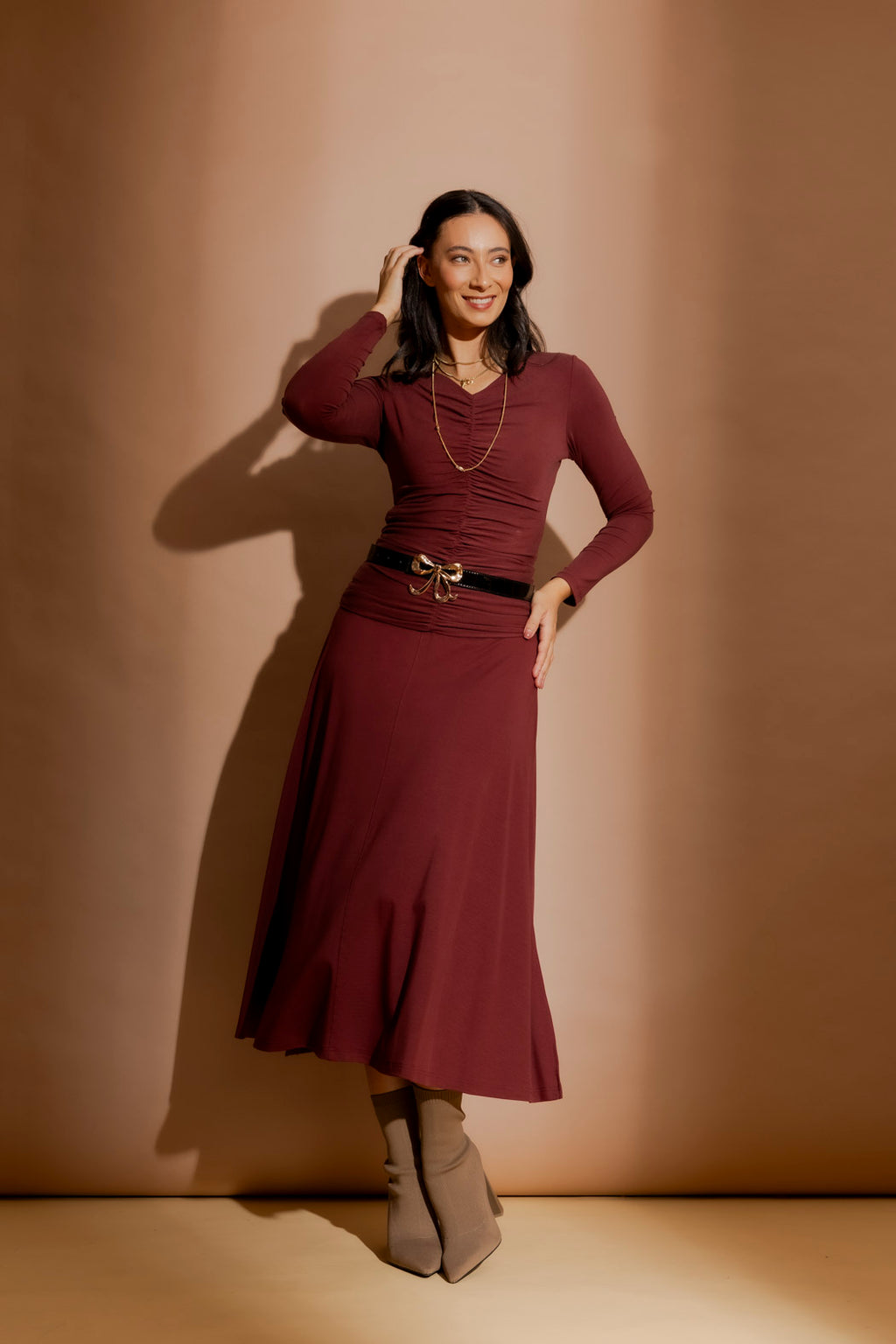 Burgundy Tencel Roll Top Skirt