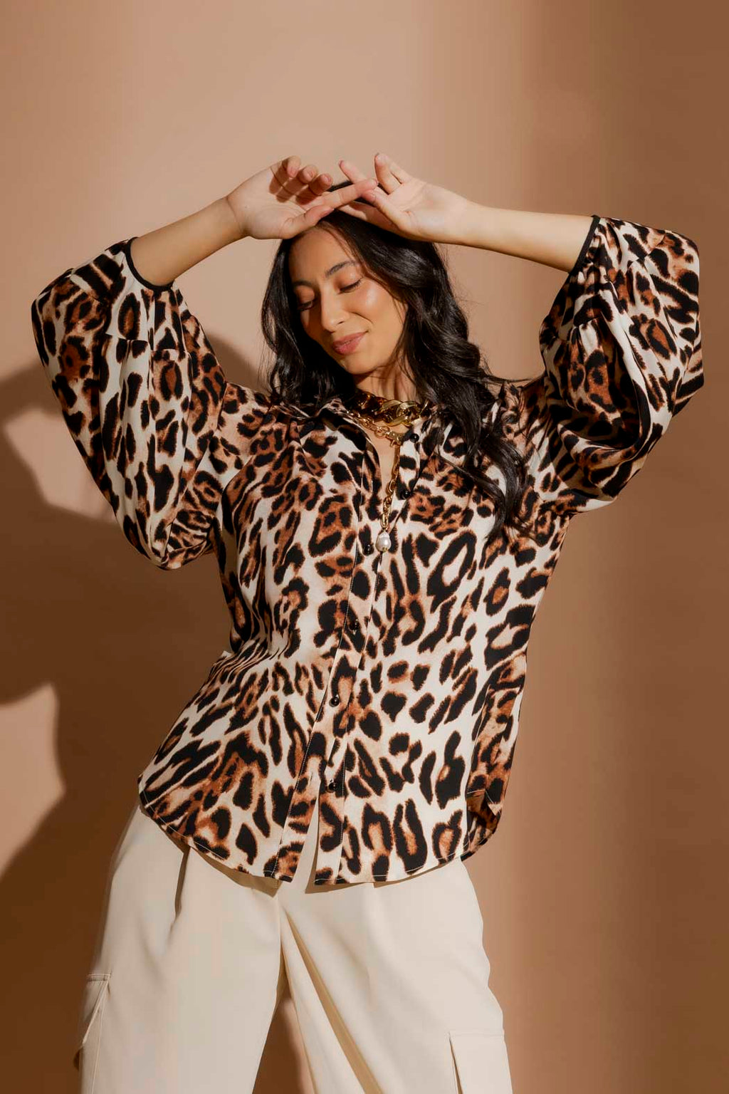 Tan Animal Balloon Sleeve Shirt Tan Animal