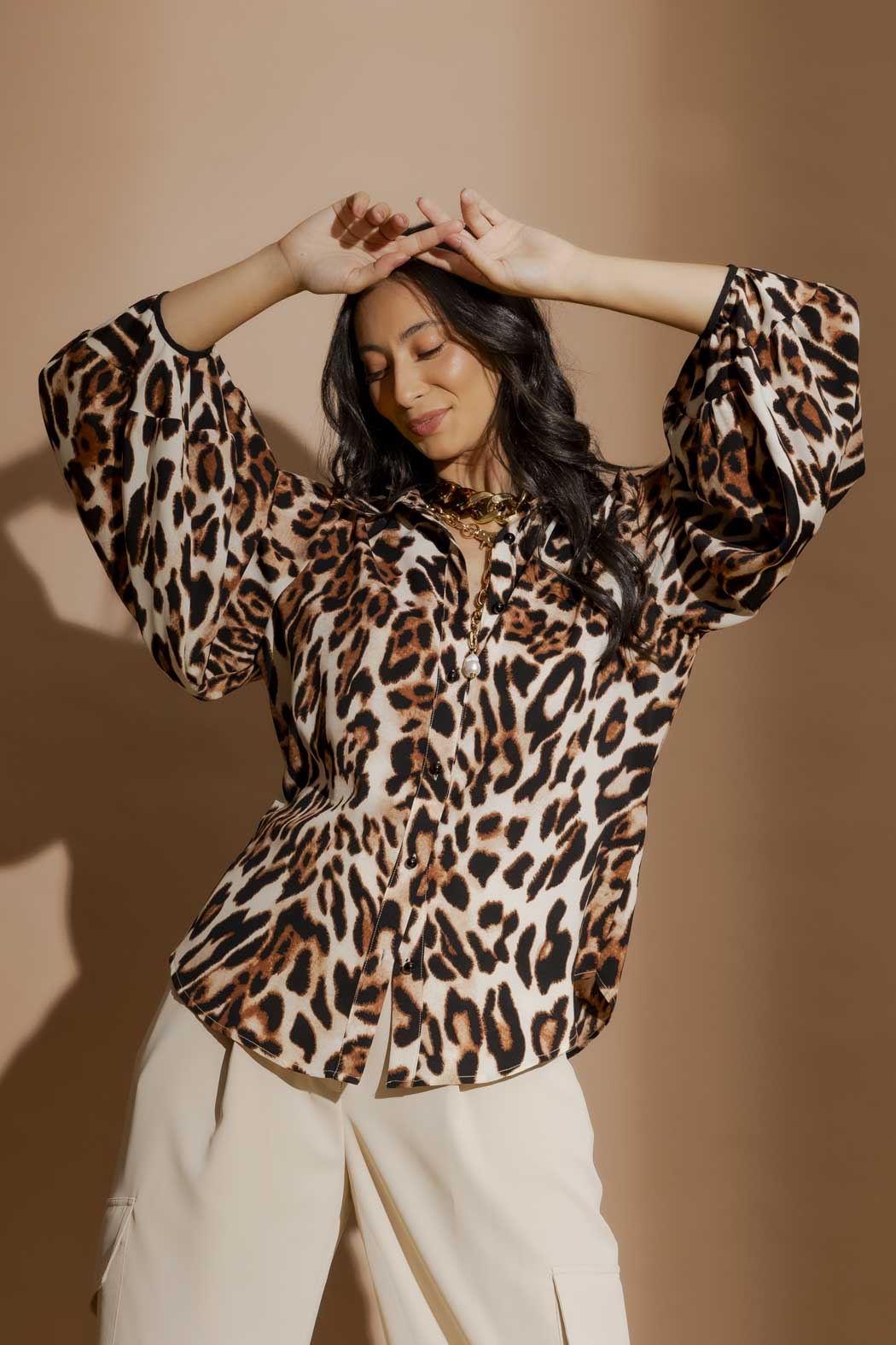 Tan Animal Balloon Sleeve Shirt Tan Animal