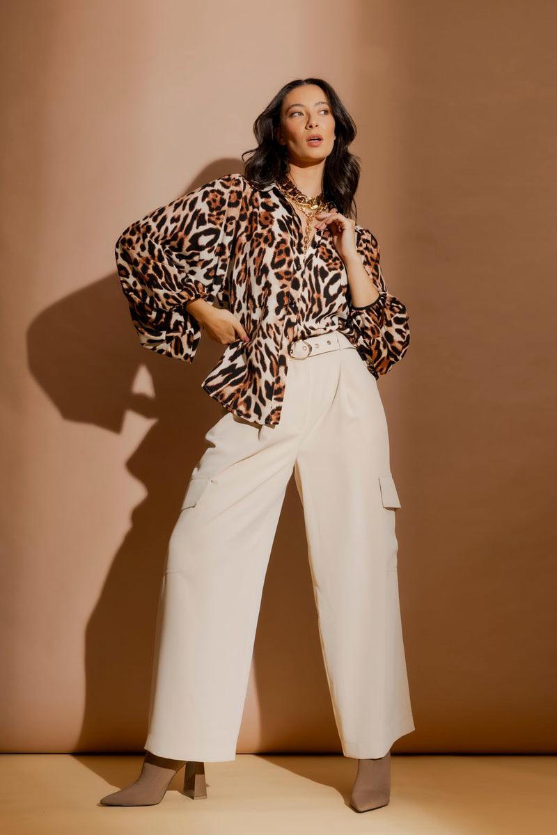 Tan Animal Balloon Sleeve Shirt Tan Animal