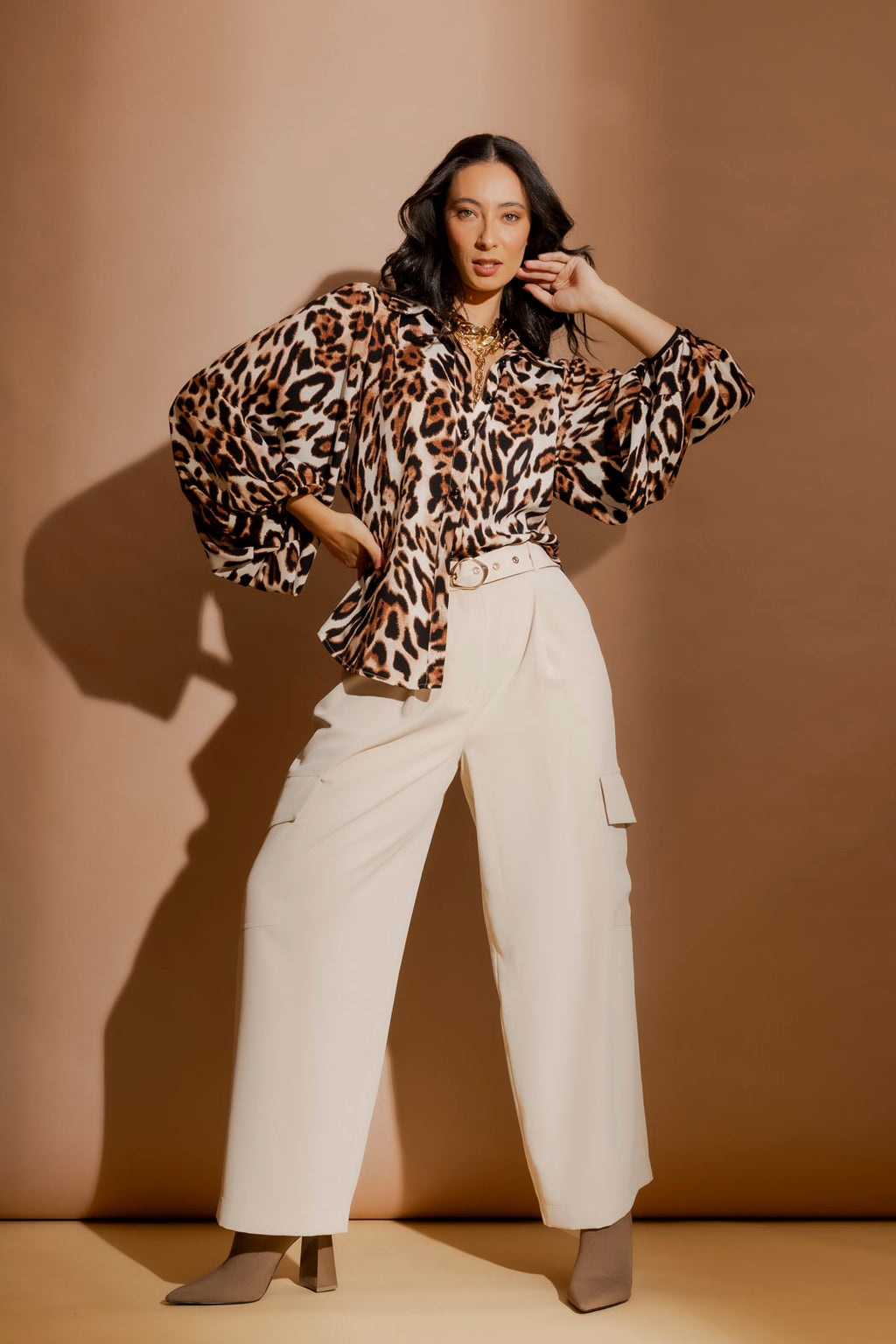 Tan Animal Balloon Sleeve Shirt Tan Animal