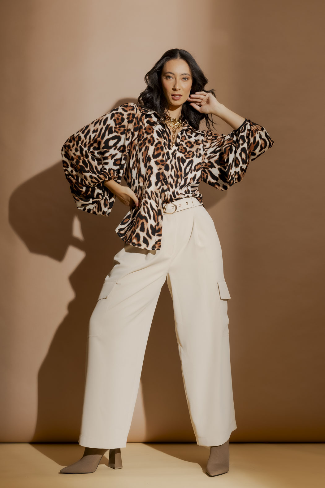 Tan Animal Balloon Sleeve Shirt Tan Animal