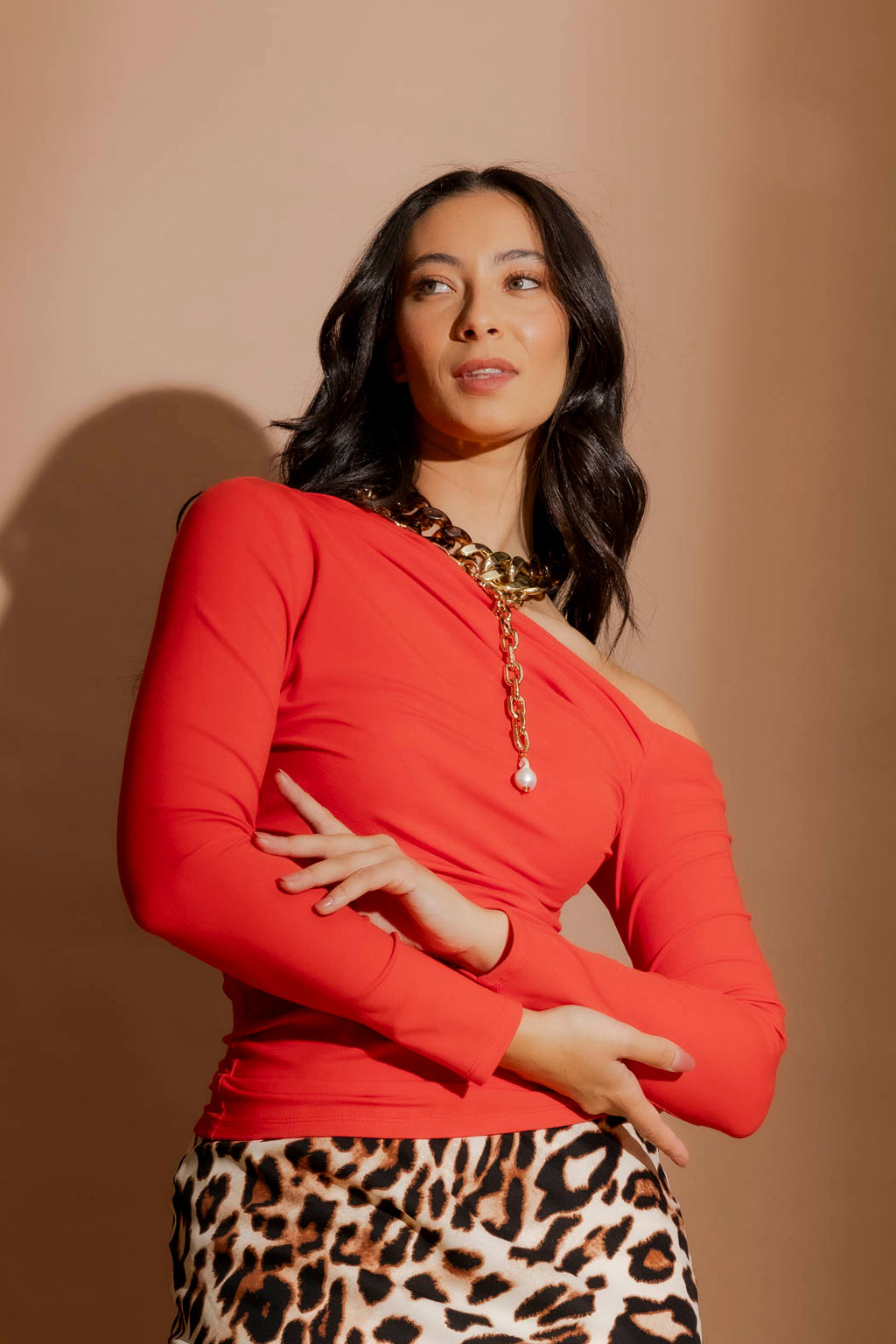 Red Tencel One Shoulder Top