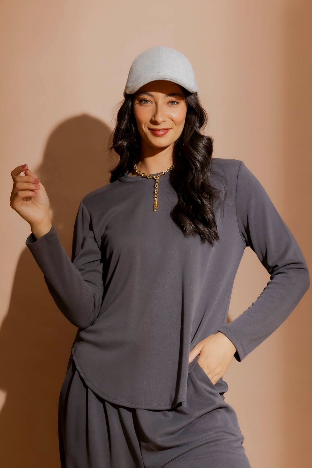 Grey Lux Crew Neck Top
