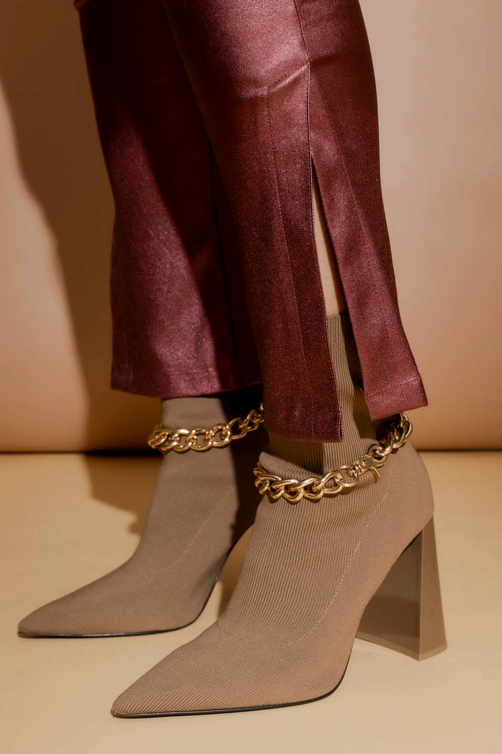 Burgundy Metalic Zip Pant