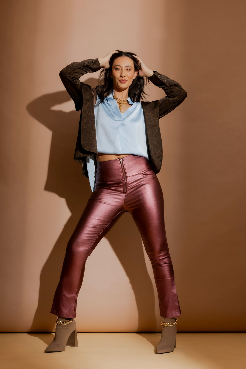 Burgundy Metalic Zip Pant