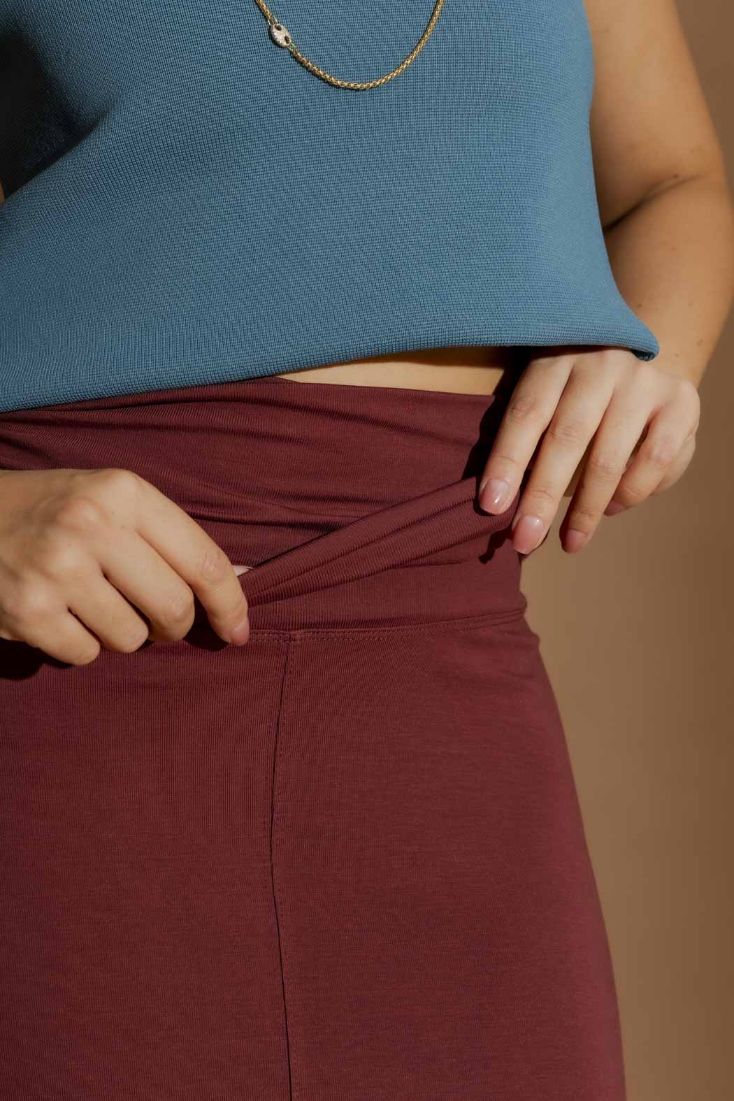 Burgundy Tencel Roll Top Skirt