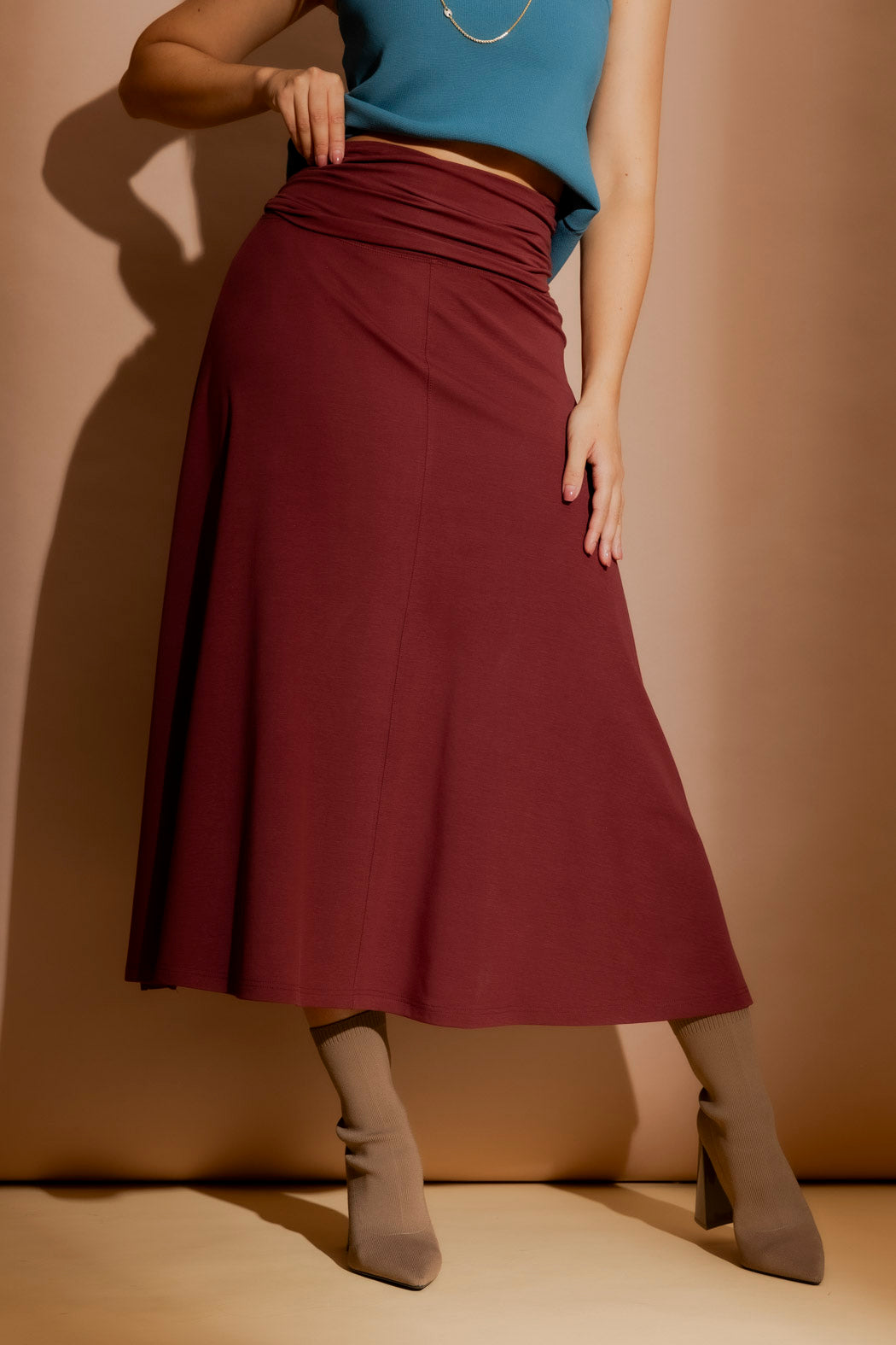 Burgundy Tencel Roll Top Skirt
