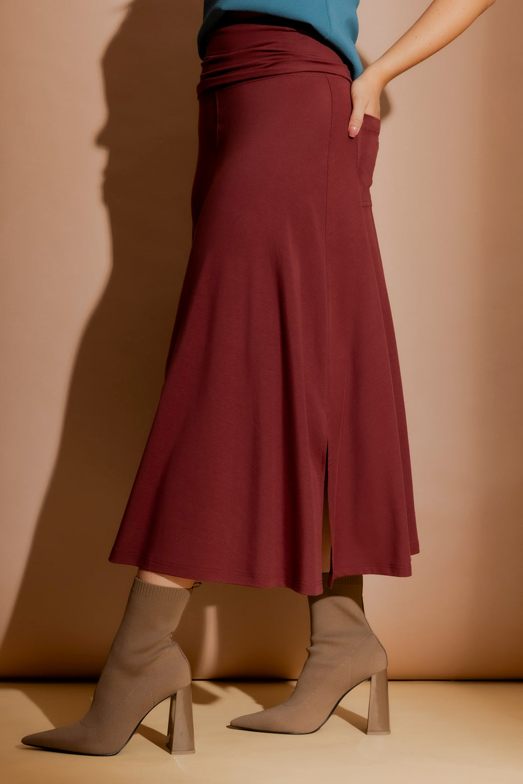 Burgundy Tencel Roll Top Skirt