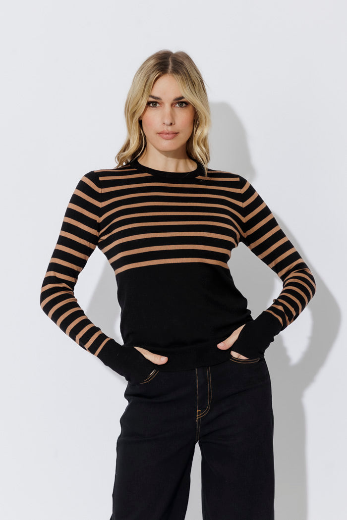 Taupe Stripe Fine Knit Crew Top