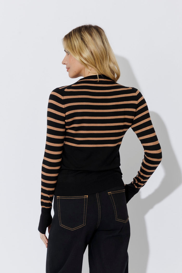 Taupe Stripe Fine Knit Crew Top
