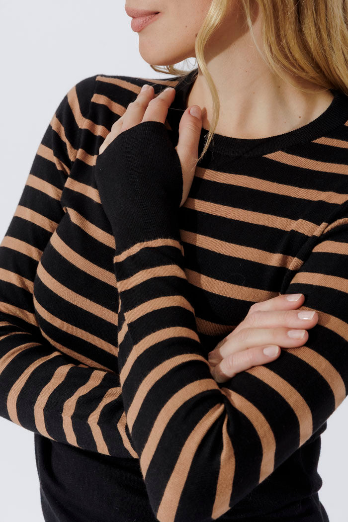 Taupe Stripe Fine Knit Crew Top