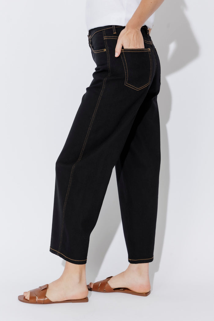 Black Gold Stitch Barrel Jean