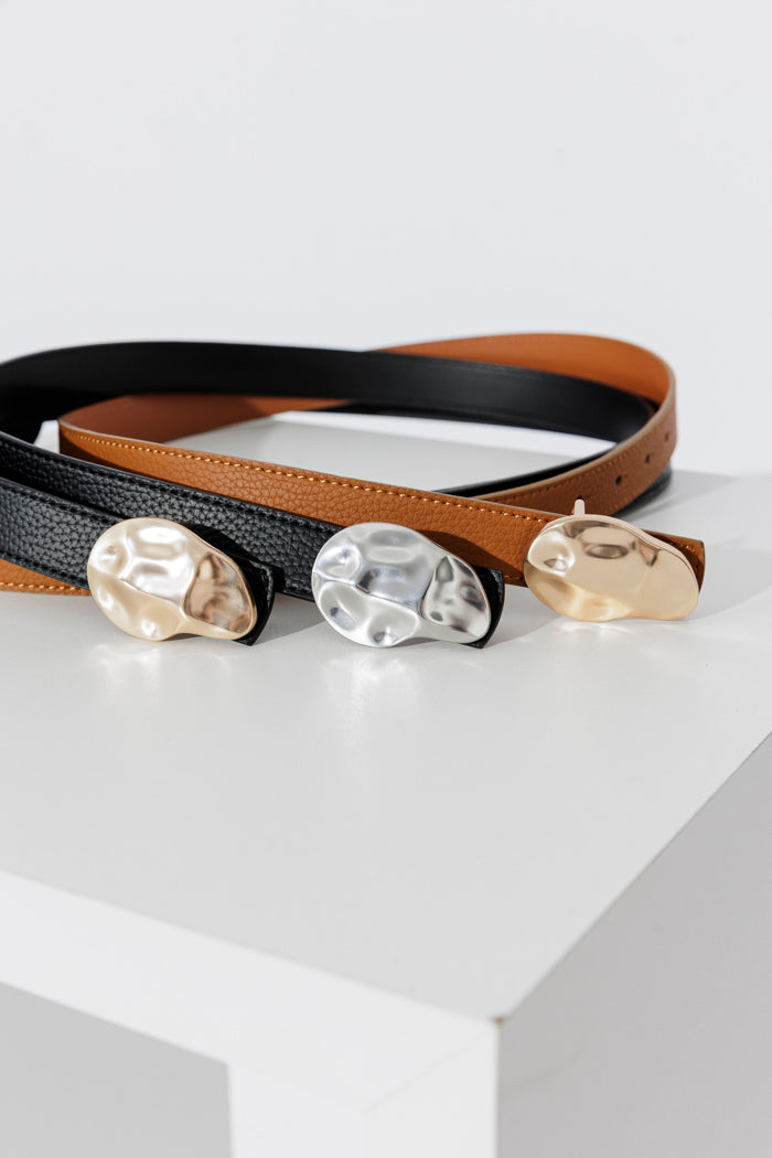 Gold/Blk Beaten Buckle Belt