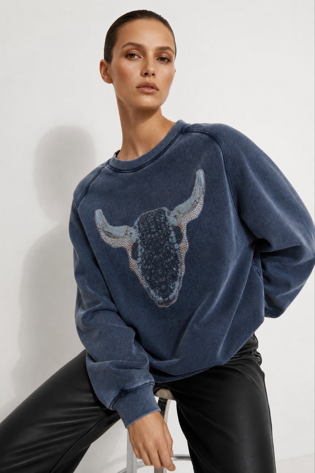 Navy Washed Cotton Horns Jumper