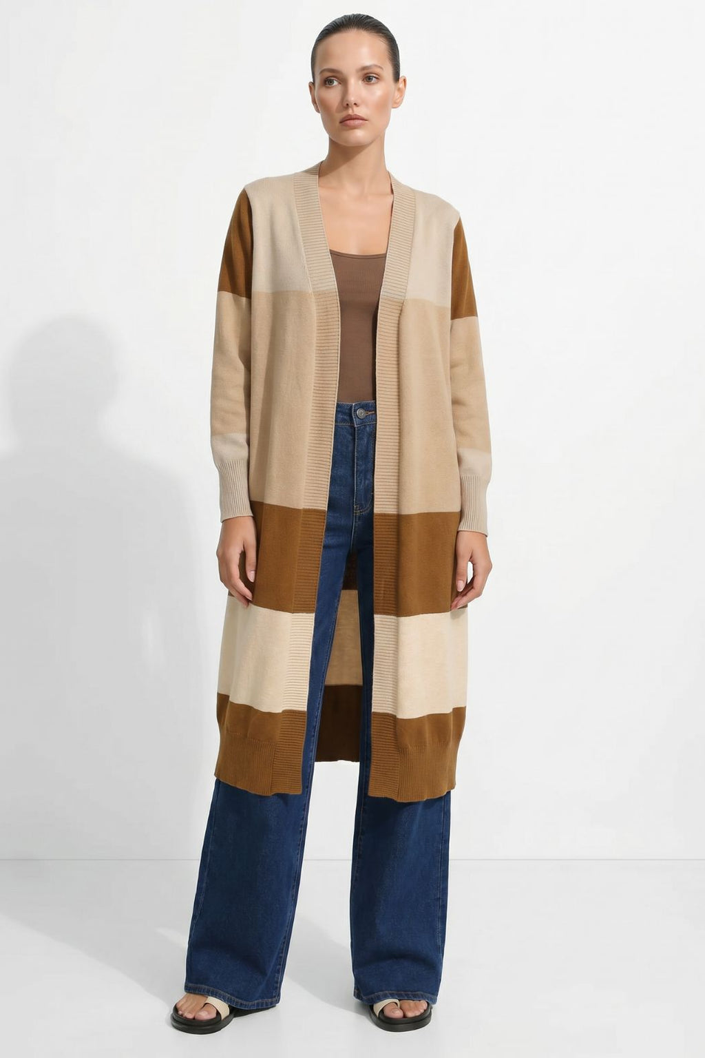 Beige Longline Block Cardi