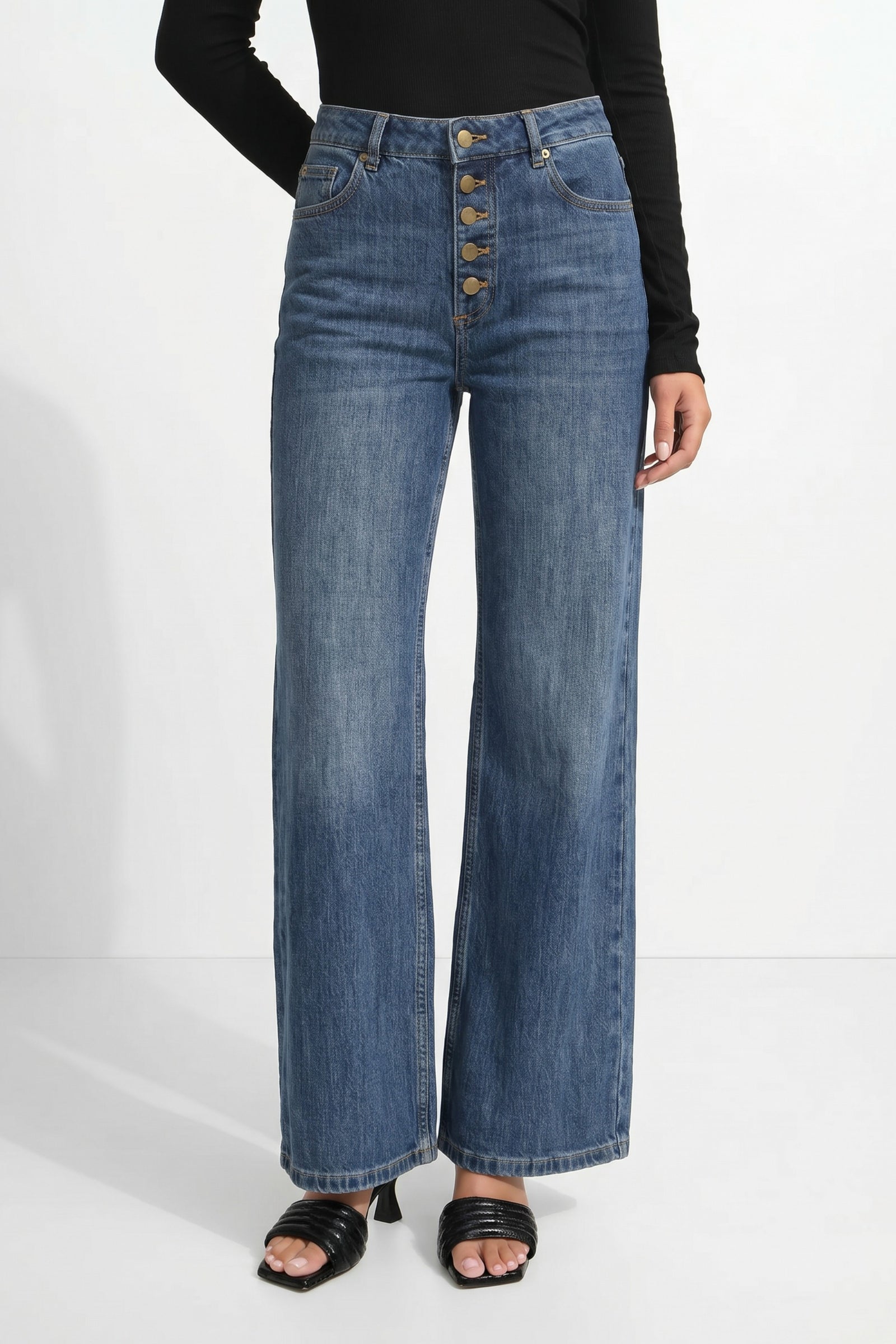 Mid Denim Button Front Jean