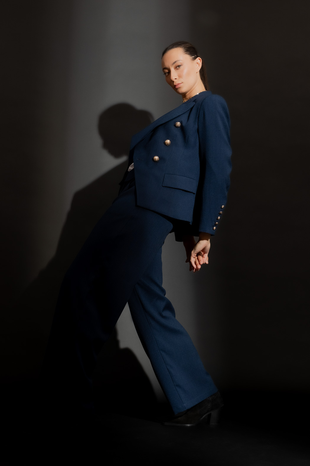 Navy Textured Paperbag Pant