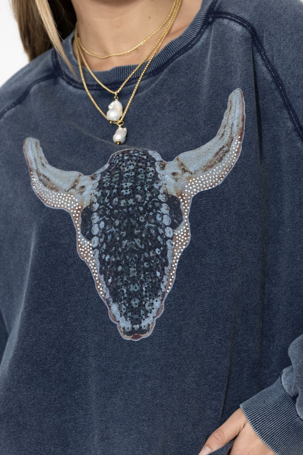 Navy Washed Cotton Horns Jumper