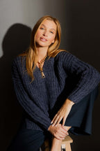 Washed Navy Chunky V Neck Jumper Navy S