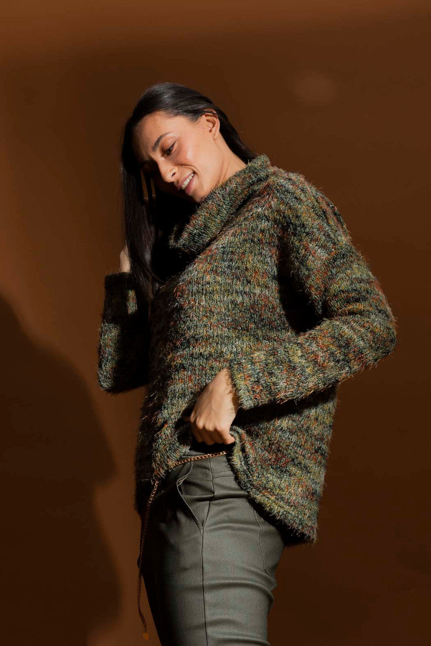 Khaki Speckle Fluffy Roll Neck Jumper
