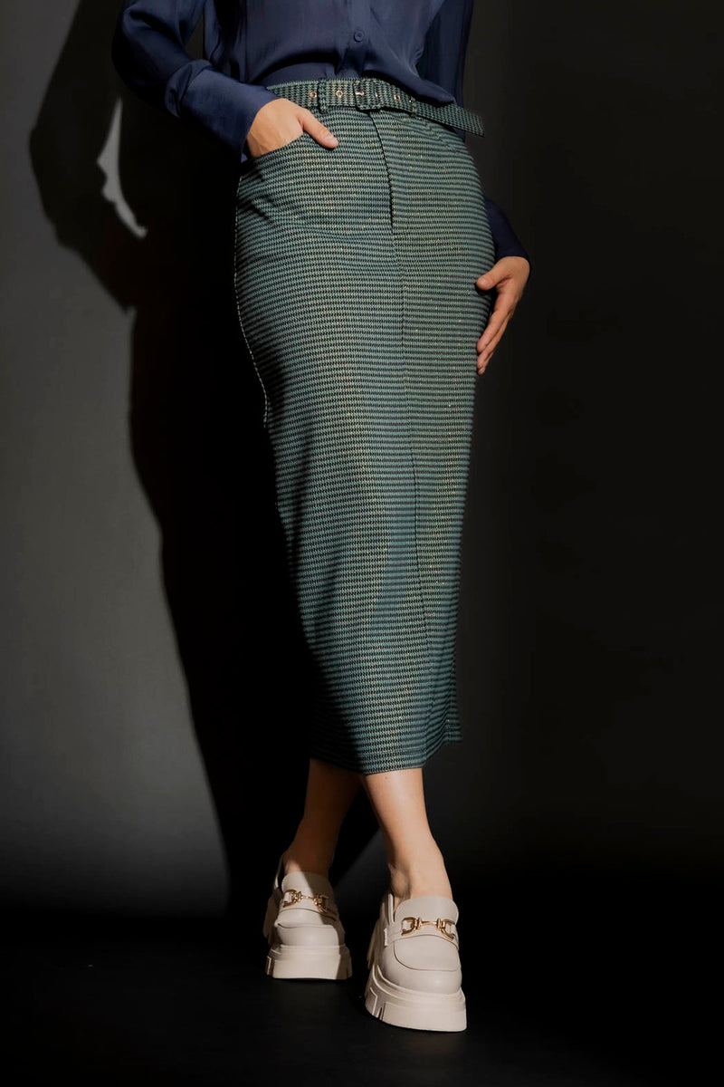 Jade Lurex Belted Midi Skirt