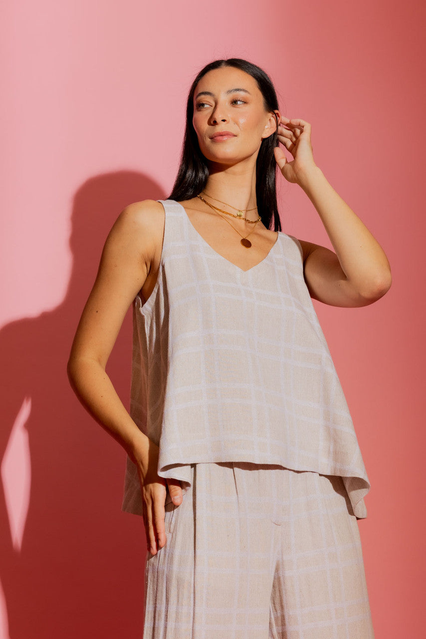 Natural Check Linen Bell Top
