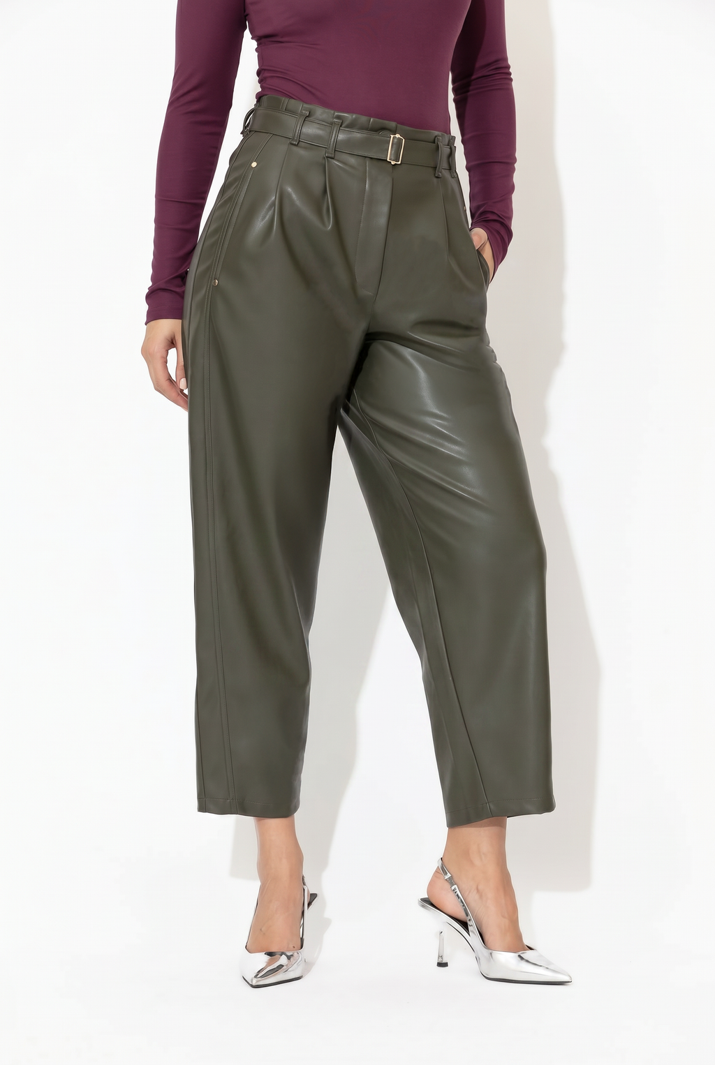 Khaki Faux Leather Mia Pant