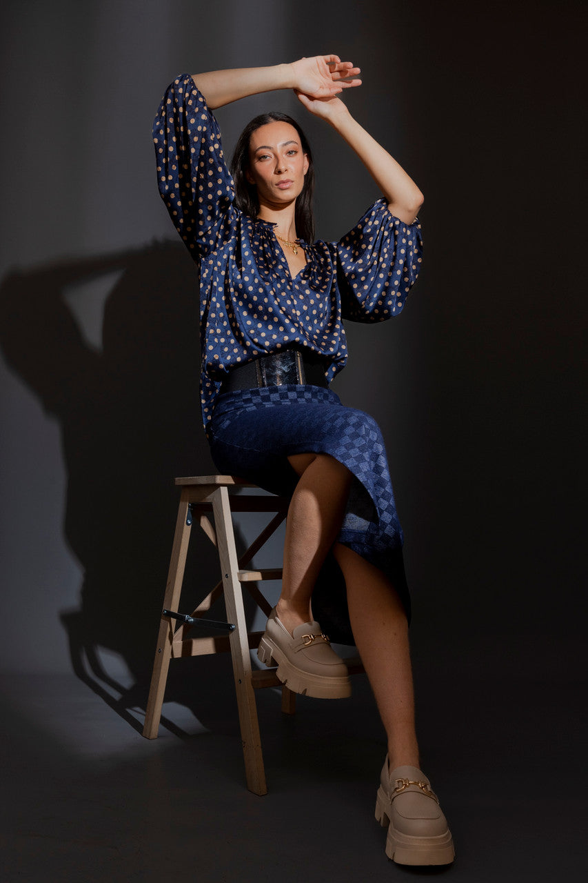 Navy Check Split Skirt