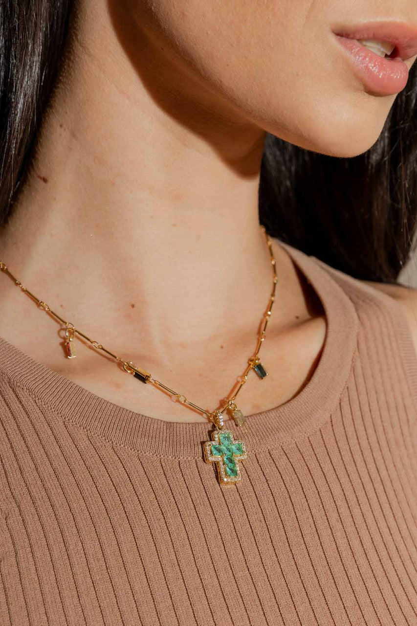 Gold Mini Cross Necklace - Green