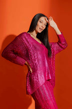 Pink Crochet Foil V Neck Jumper