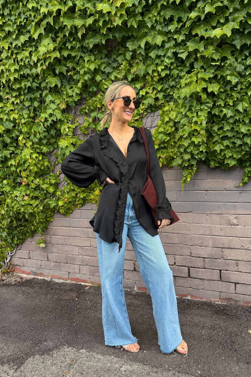 Black Double Ruffle Blouse
