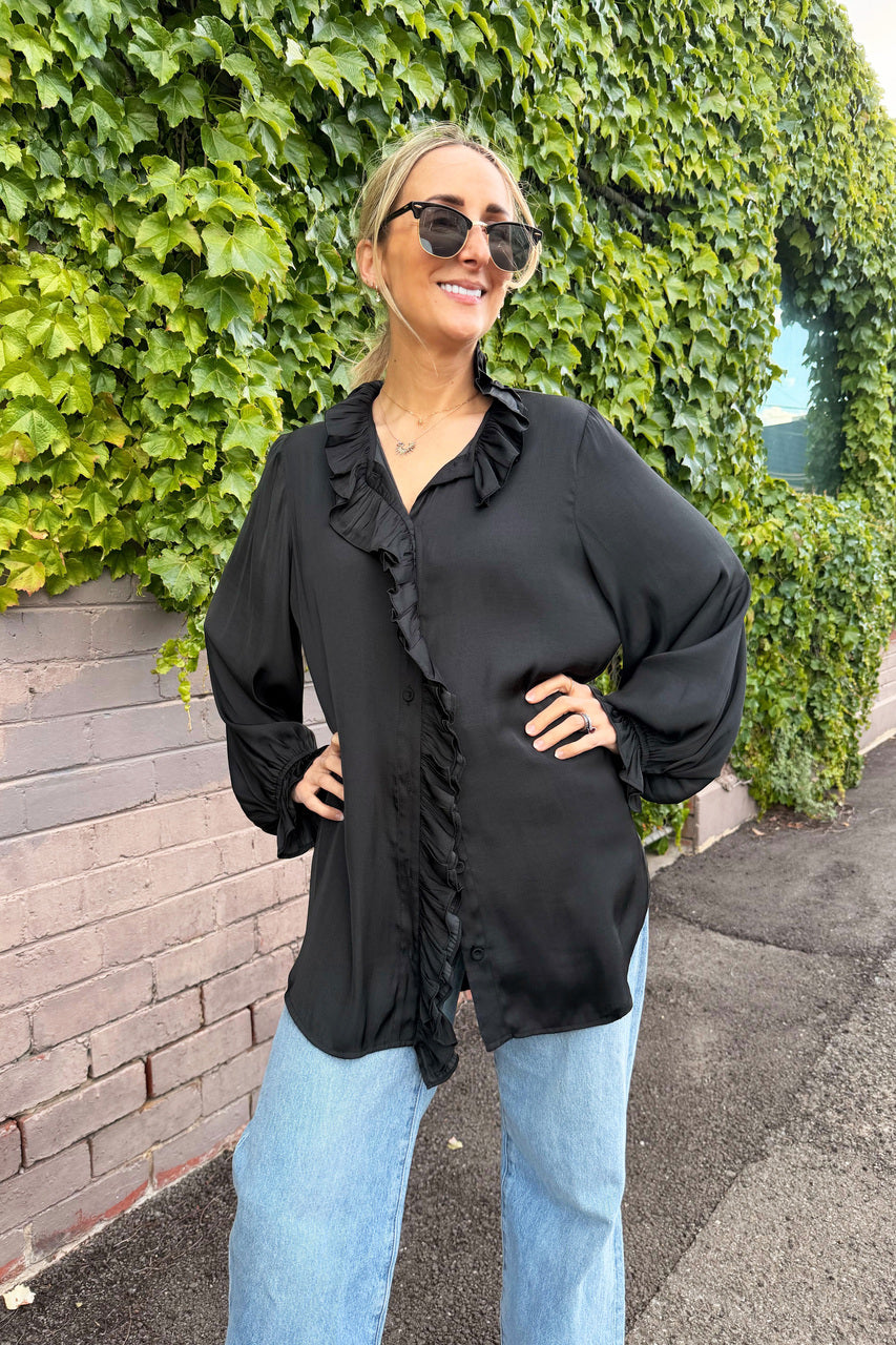 Black Double Ruffle Blouse