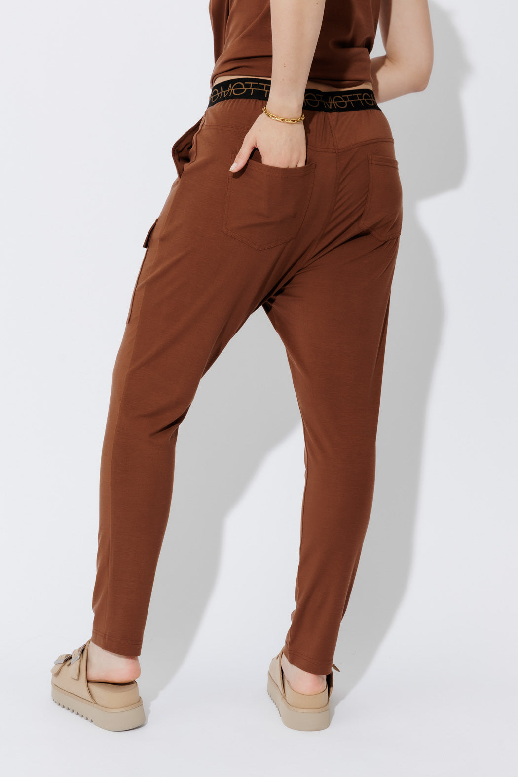 Brown Tencel Pull On Cargo Pant