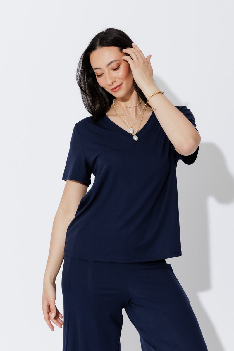 Navy Tencel V-Neck T-Shirt