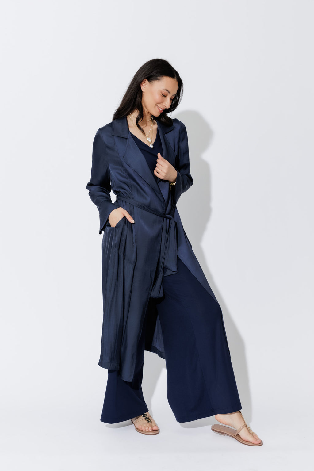 Navy Silky Trench Coat