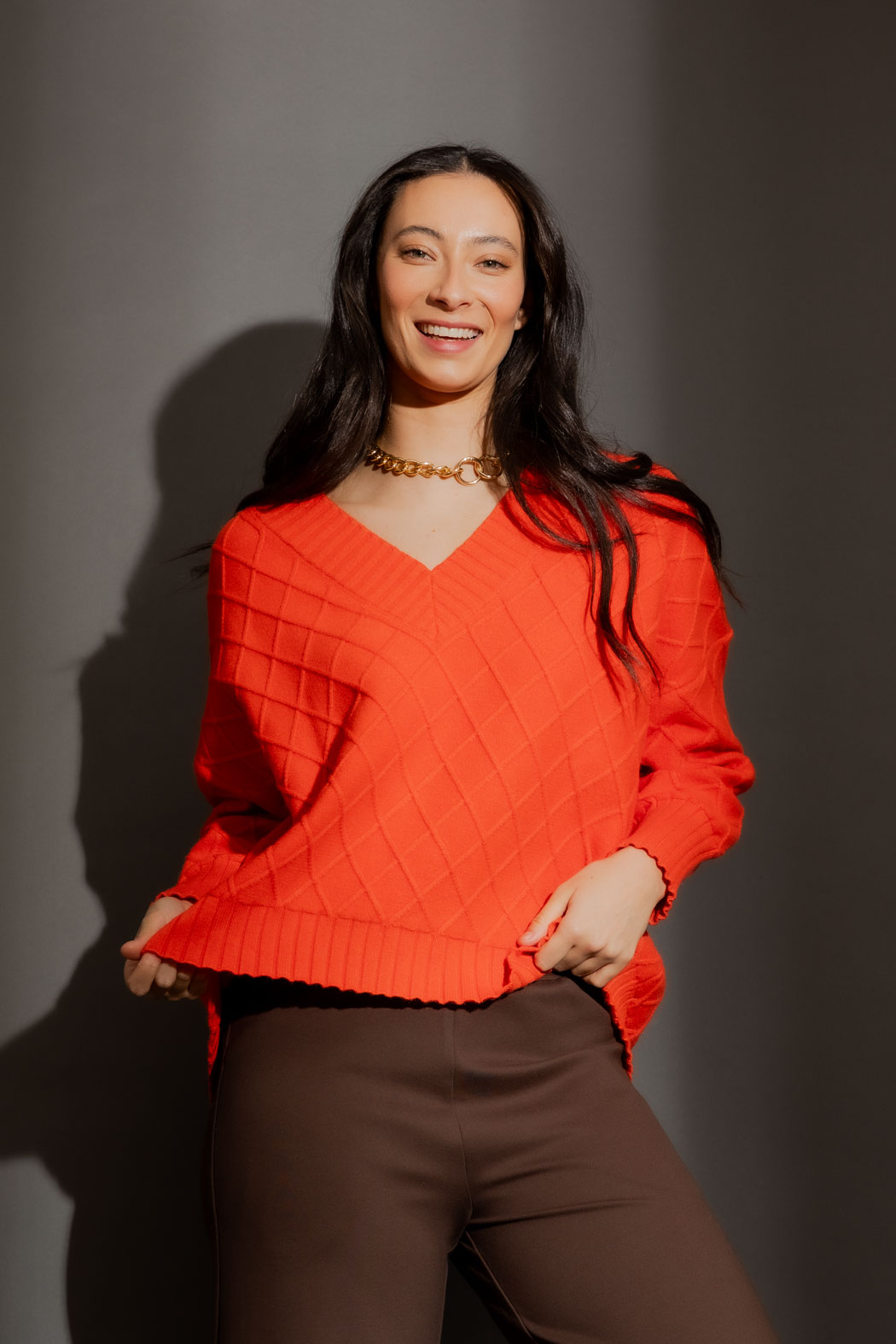 Orange Diamond V-Neck Jumper Orange S/M