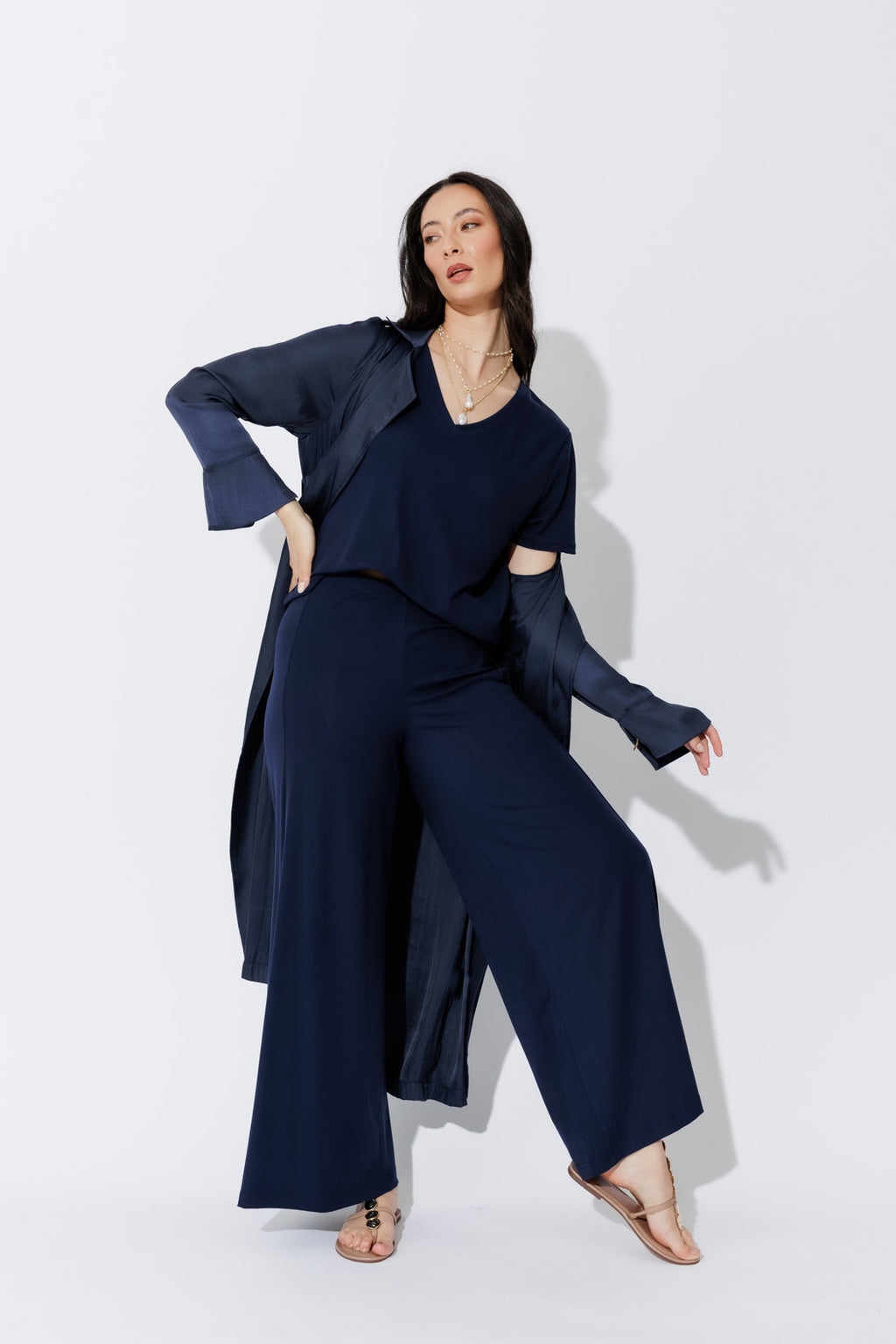 Navy Tencel Wide Leg Pant