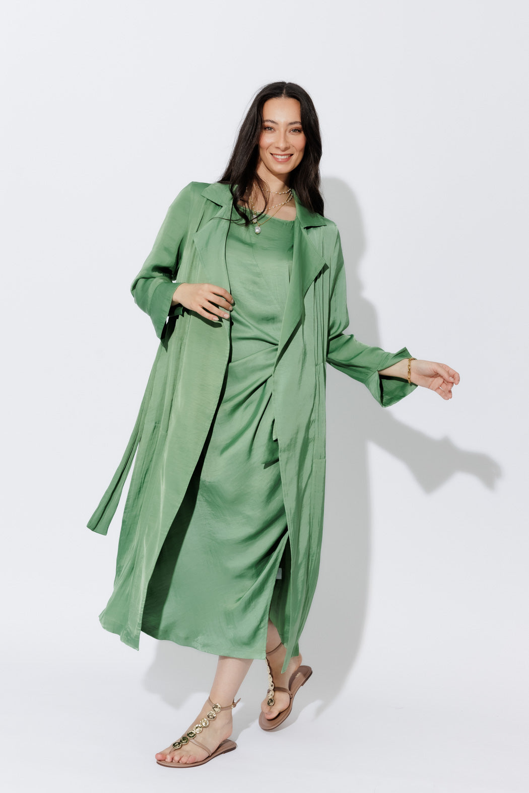 Green Silky Trench Coat