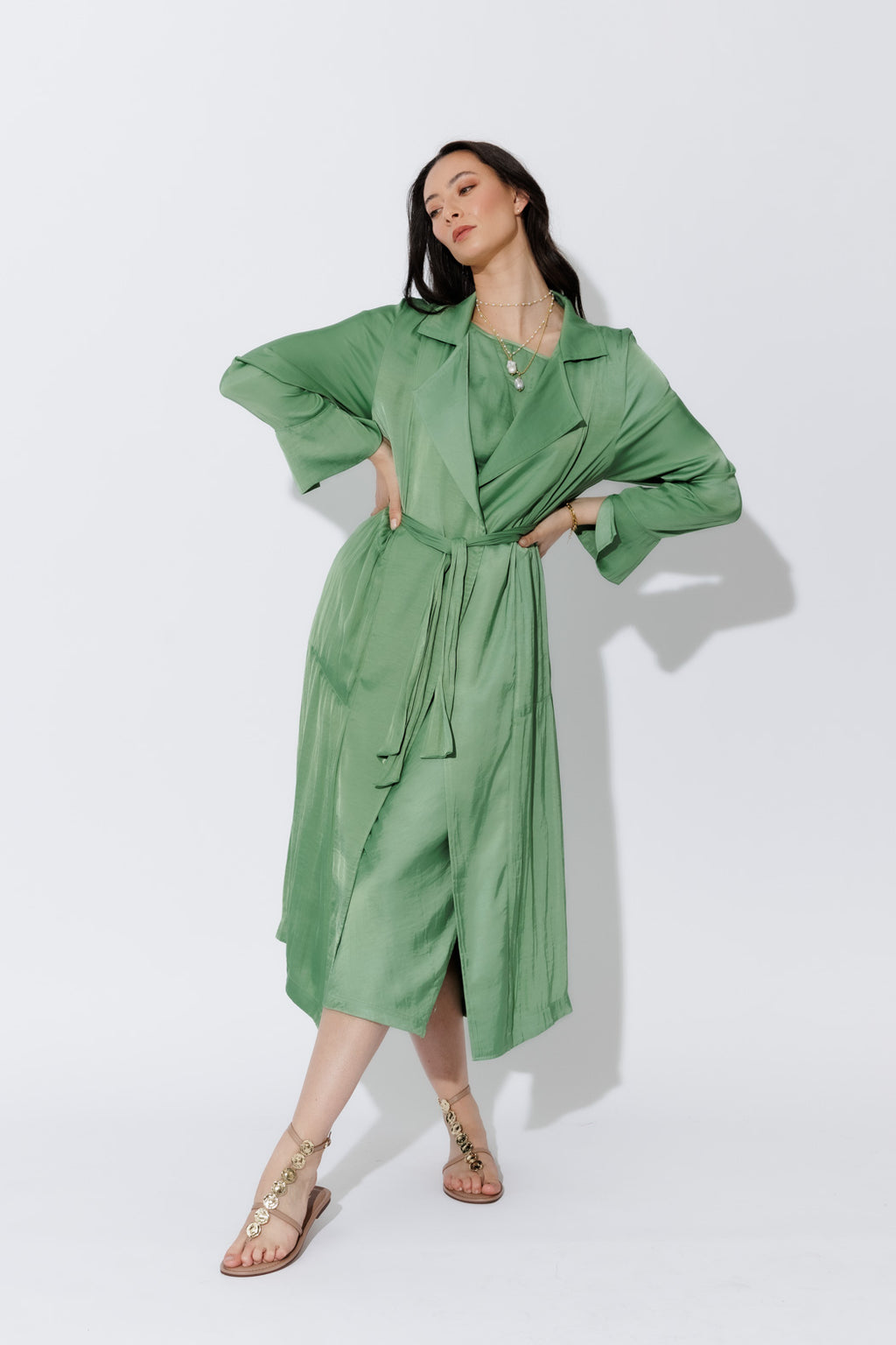Green Silky Trench Coat
