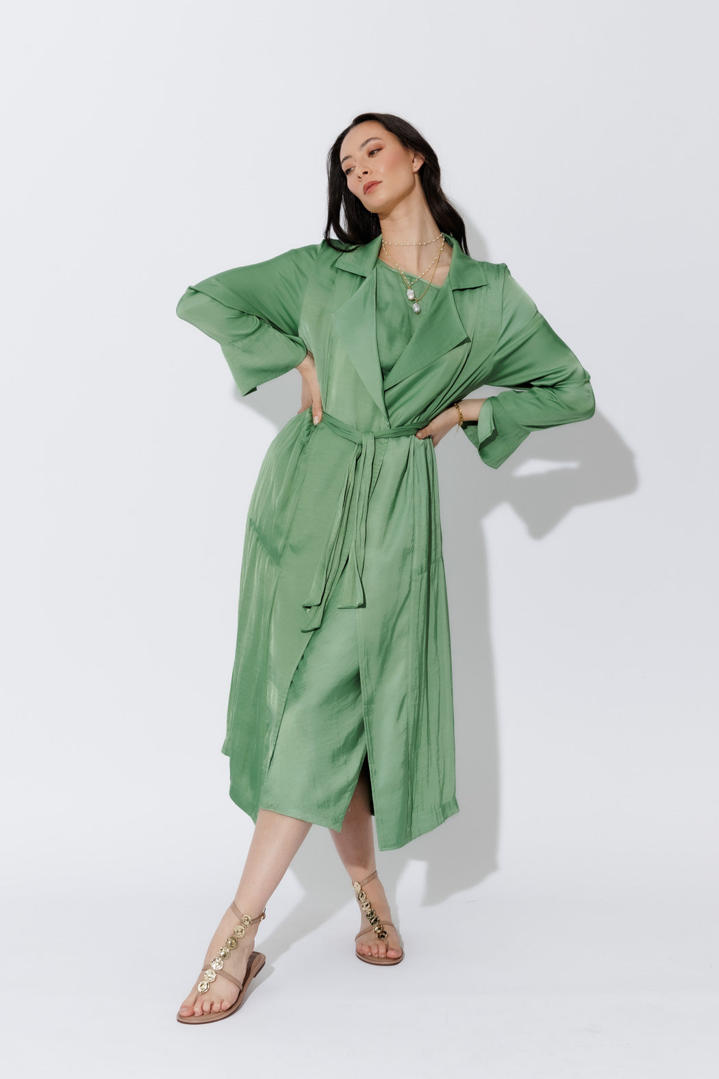 Green Silky Trench Coat