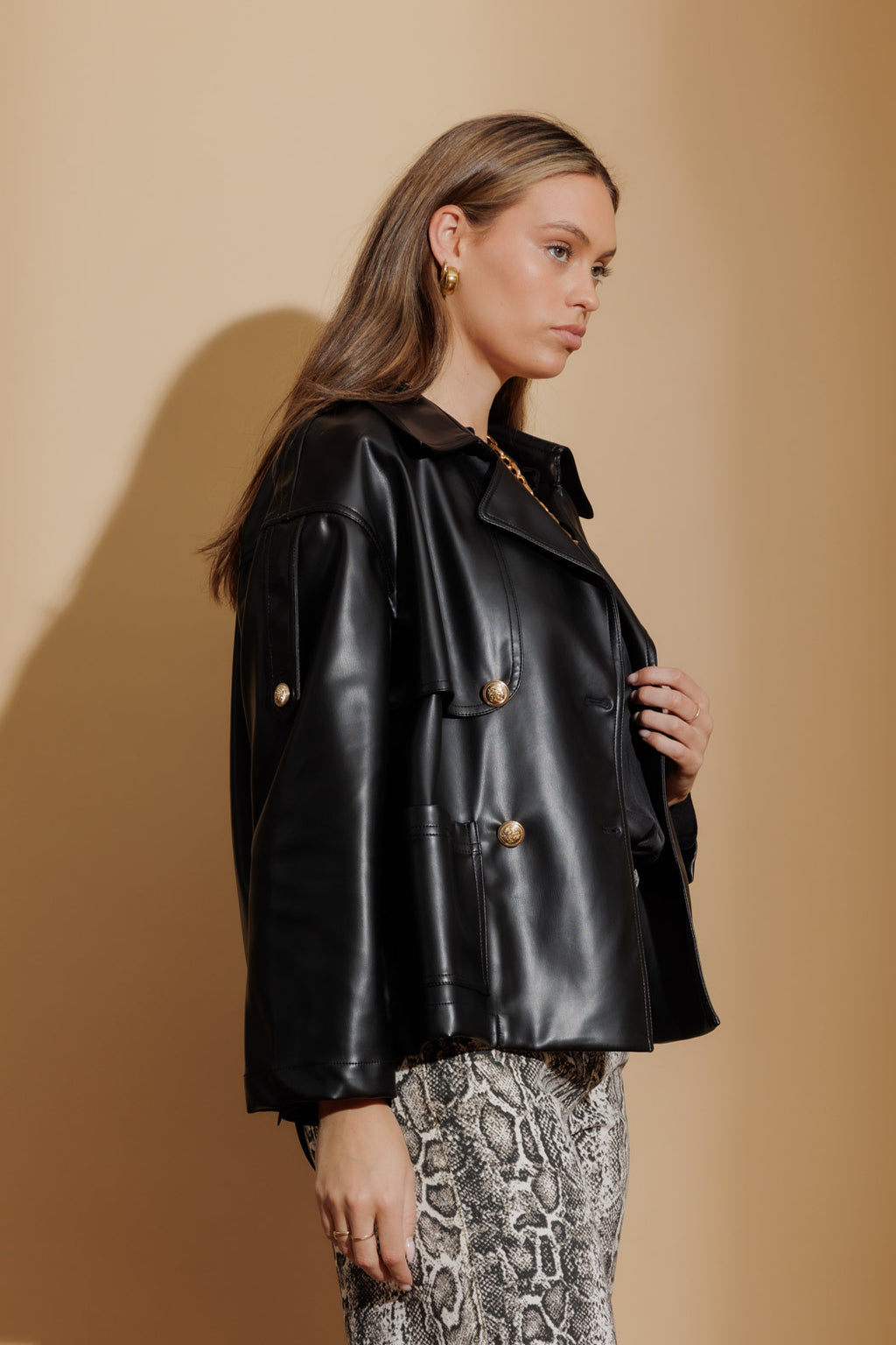 Black Faux Leather Crop Trench Black S