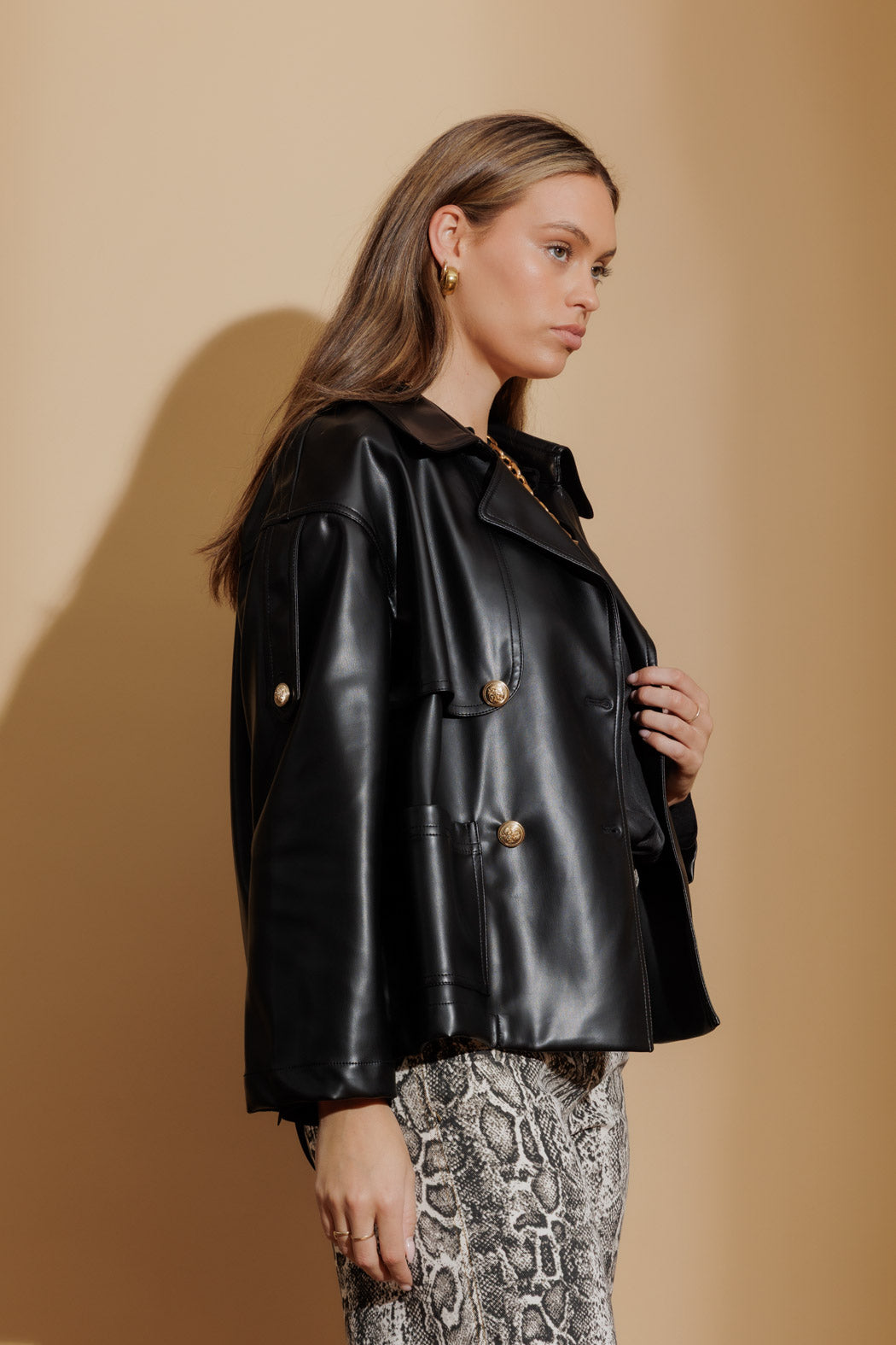 Black Faux Leather Crop Trench Black S