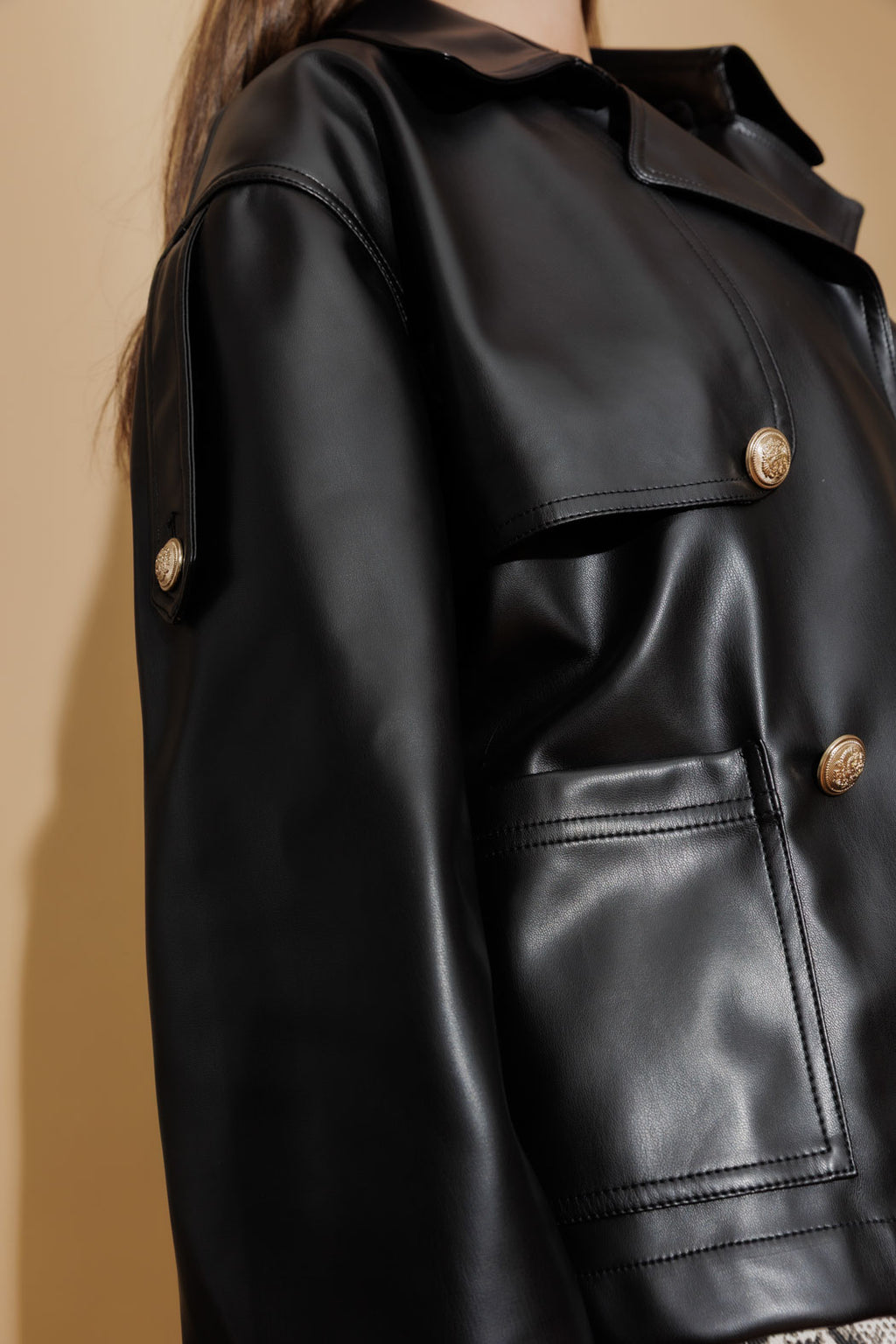 Black Faux Leather Crop Trench Black S