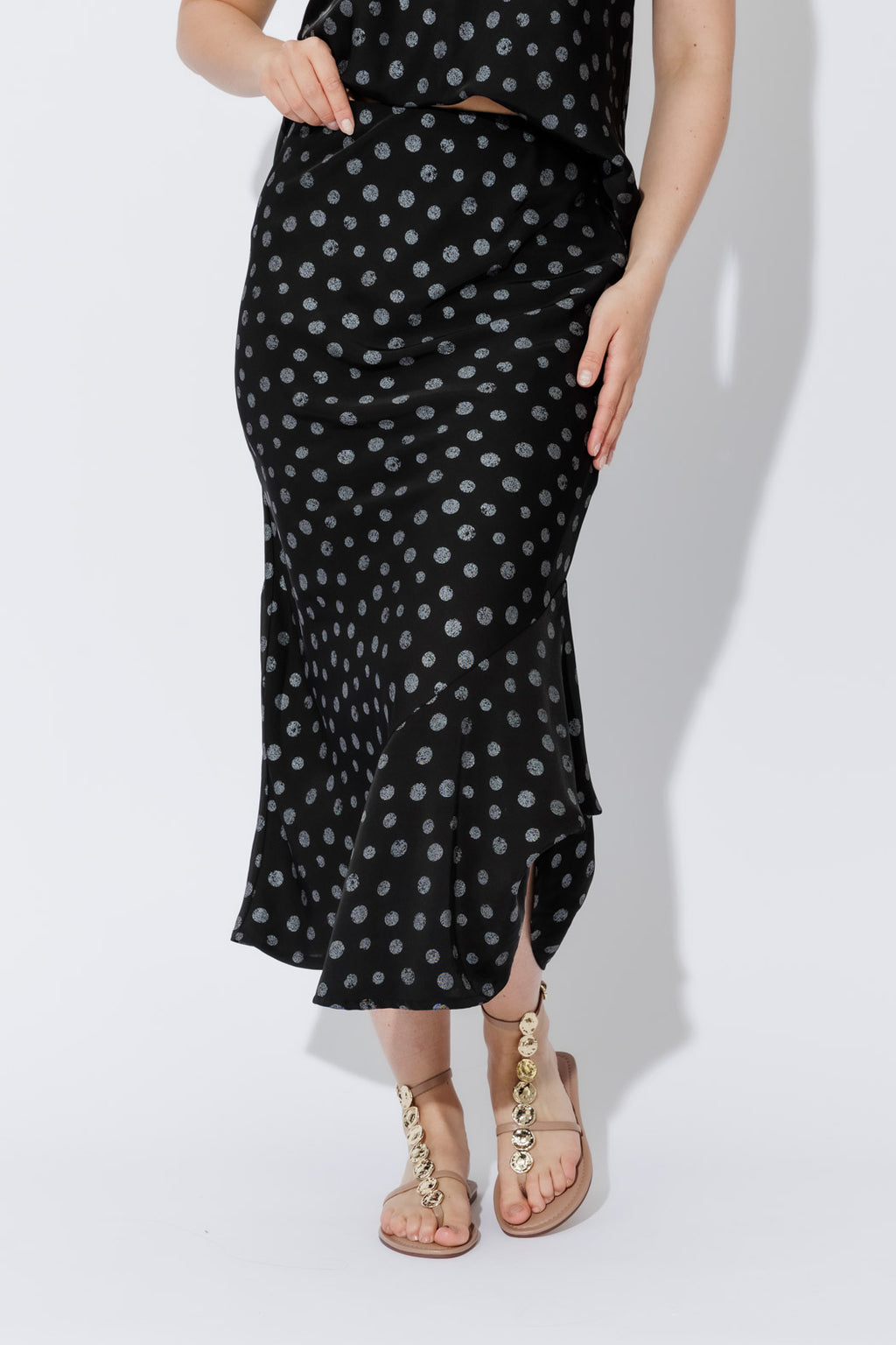 Black Spot Bias Flounce Skirt