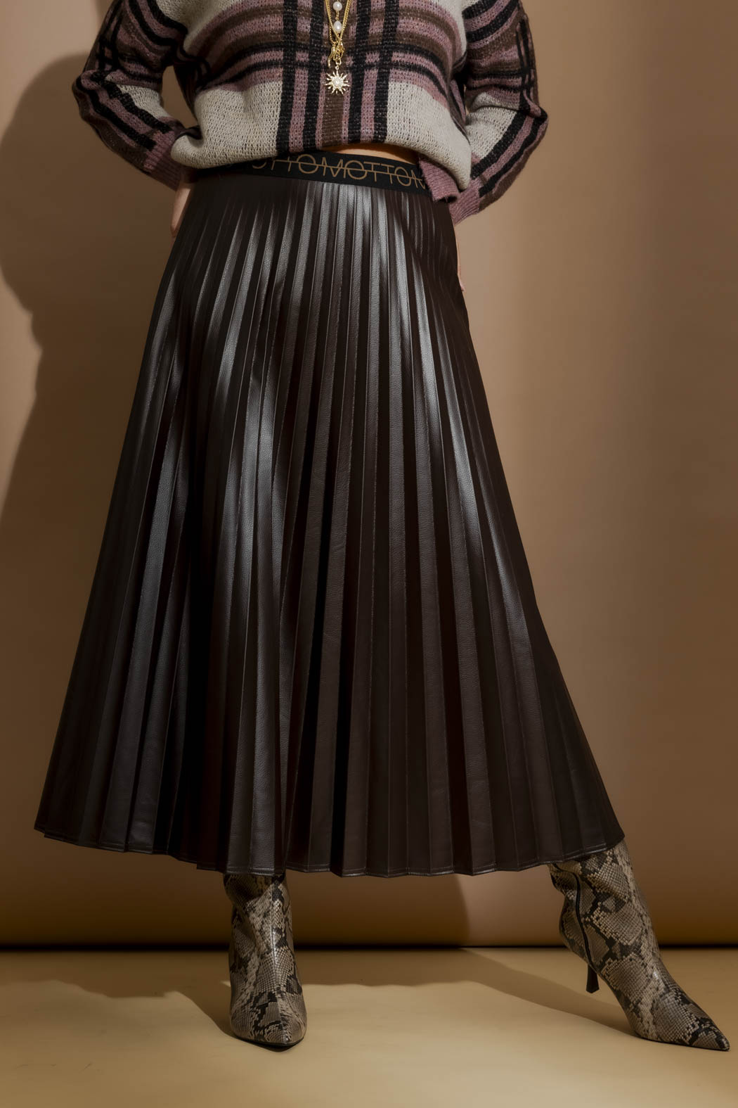 Coffee Croc Coated Pleat Skirt